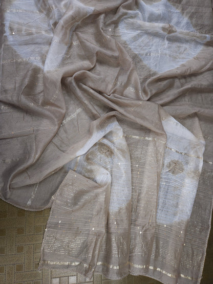 Beige Cotton Muslin Bandhani Print Embroidered Suit Set with Dupatta
