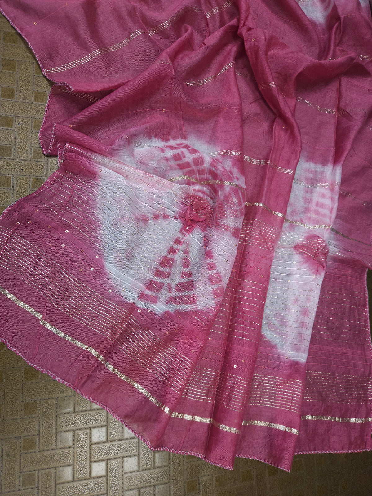 Pink Cotton Muslin Bandhani Border Embroidered Suit Set with Dupatta