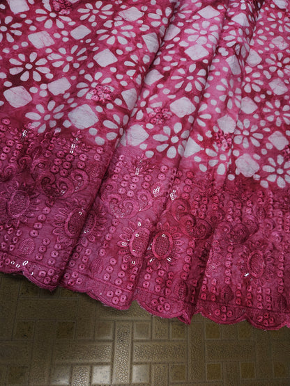 Pink Cotton Muslin Bandhani Border Embroidered Suit Set with Dupatta