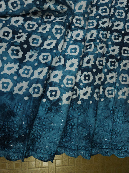 Teal Blue Cotton Bandhani Print Embroidered Suit Set with Muslin Dupatta