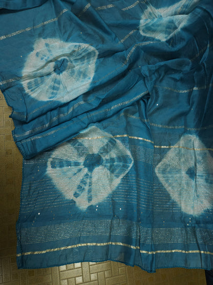 Teal Blue Cotton Bandhani Print Embroidered Suit Set with Muslin Dupatta