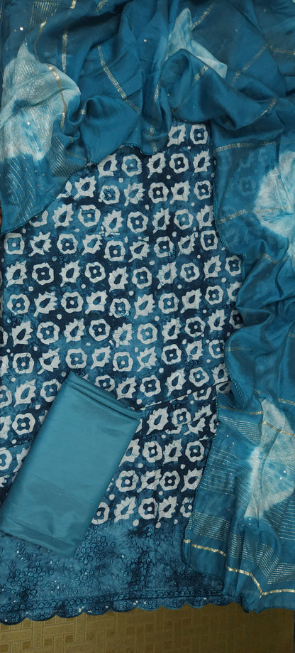 Teal Blue Cotton Bandhani Print Embroidered Suit Set with Muslin Dupatta