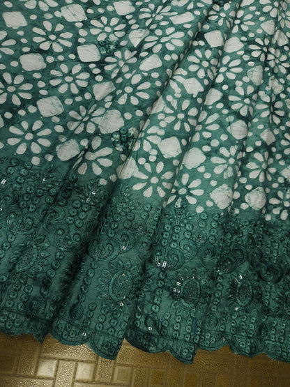 Teal Green Cotton Bandhani Printed Embroidered Suit Set with Muslin Dupatta