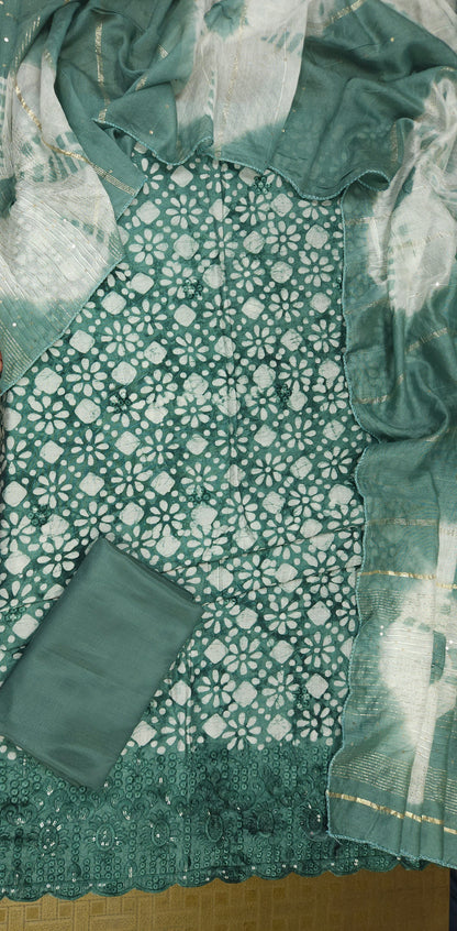 Teal Green Cotton Bandhani Printed Embroidered Suit Set with Muslin Dupatta