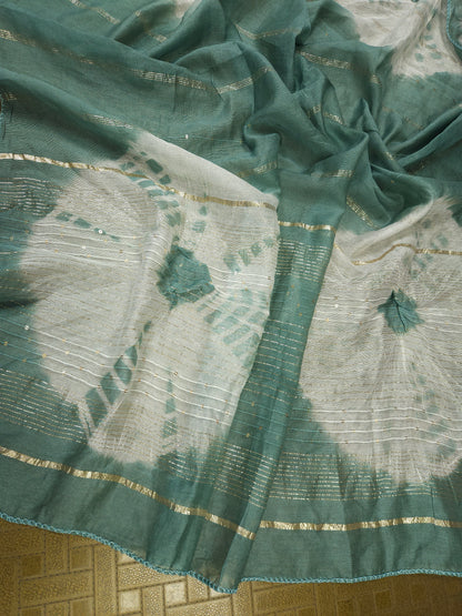 Teal Green Cotton Bandhani Printed Embroidered Suit Set with Muslin Dupatta