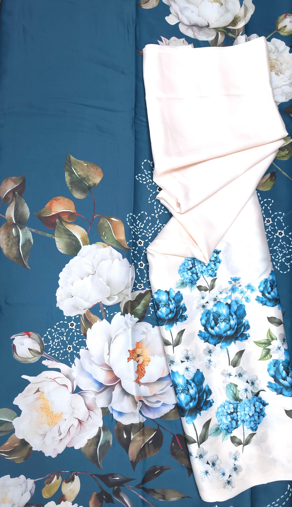 Blue Floral Armani Satin 3-Piece Farshi Salwar Suit with Printed Georgette Dupatta