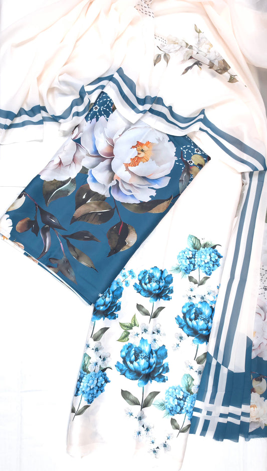 Blue Floral Armani Satin 3-Piece Farshi Salwar Suit with Printed Georgette Dupatta
