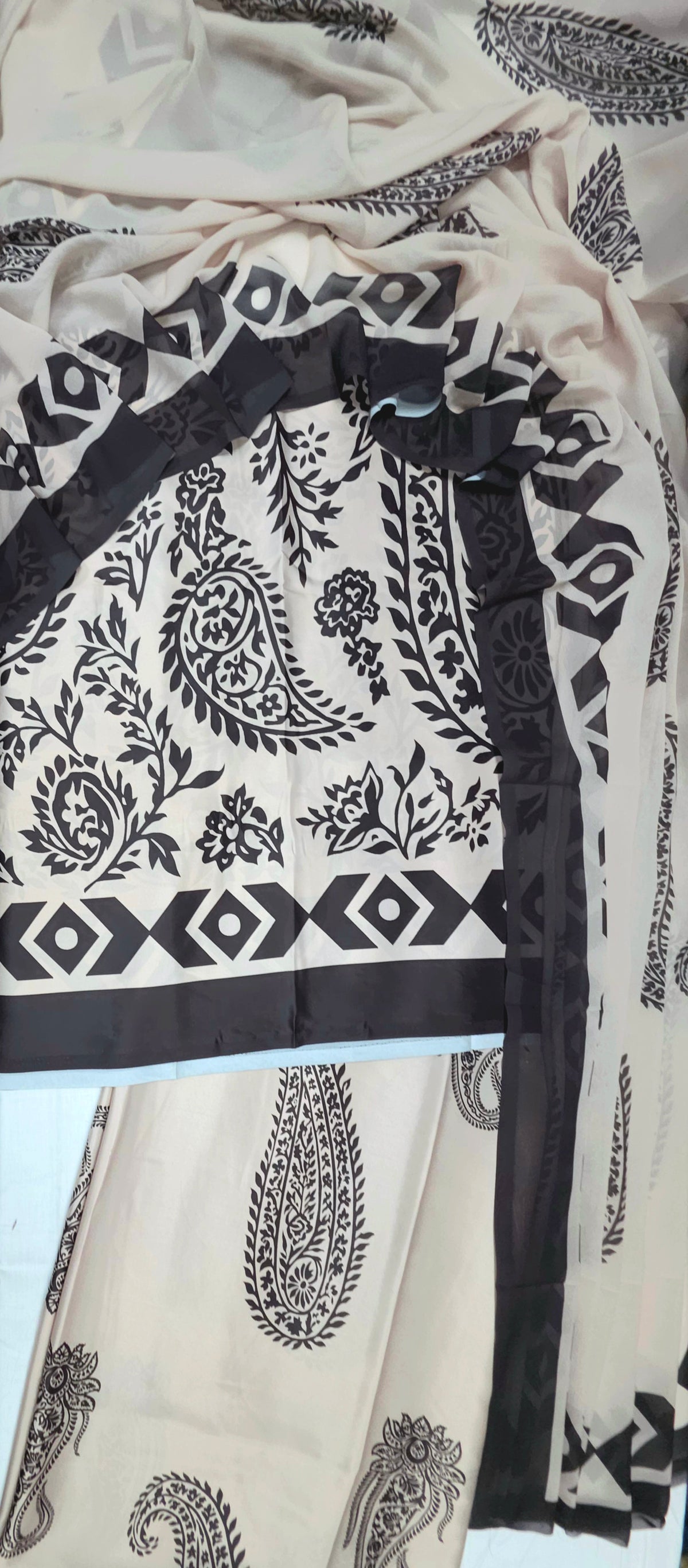Black & White Paisley Printed Armani Satin 3-Piece Farshi Salwar Suit with Georgette Dupatta
