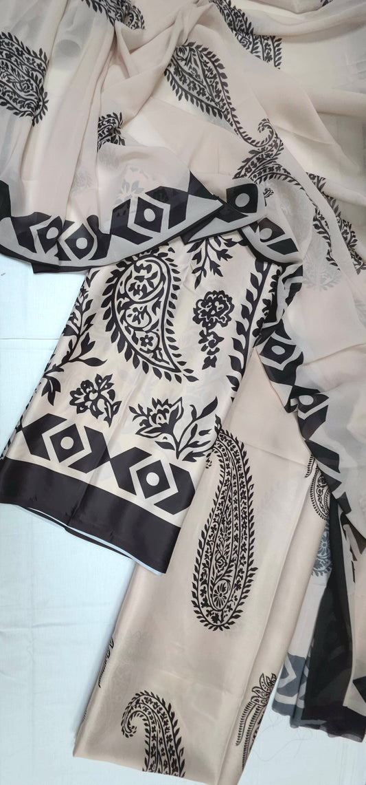 Black & White Paisley Printed Armani Satin 3-Piece Farshi Salwar Suit with Georgette Dupatta