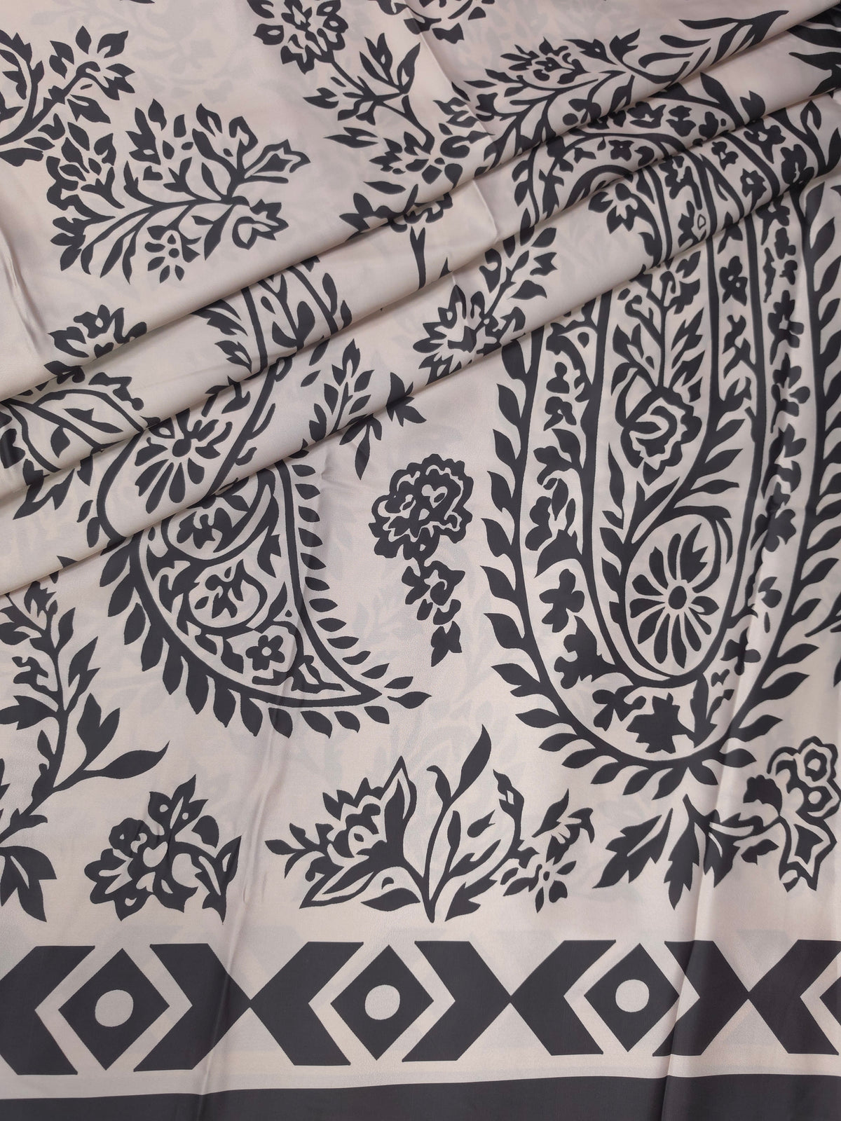 Black & White Paisley Printed Armani Satin 3-Piece Farshi Salwar Suit with Georgette Dupatta