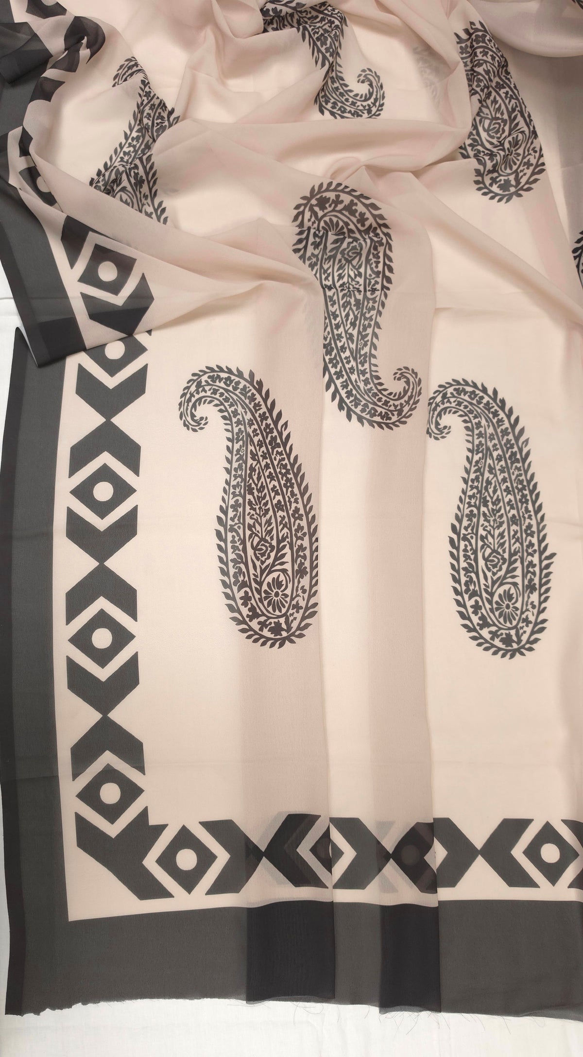Black & White Paisley Printed Armani Satin 3-Piece Farshi Salwar Suit with Georgette Dupatta