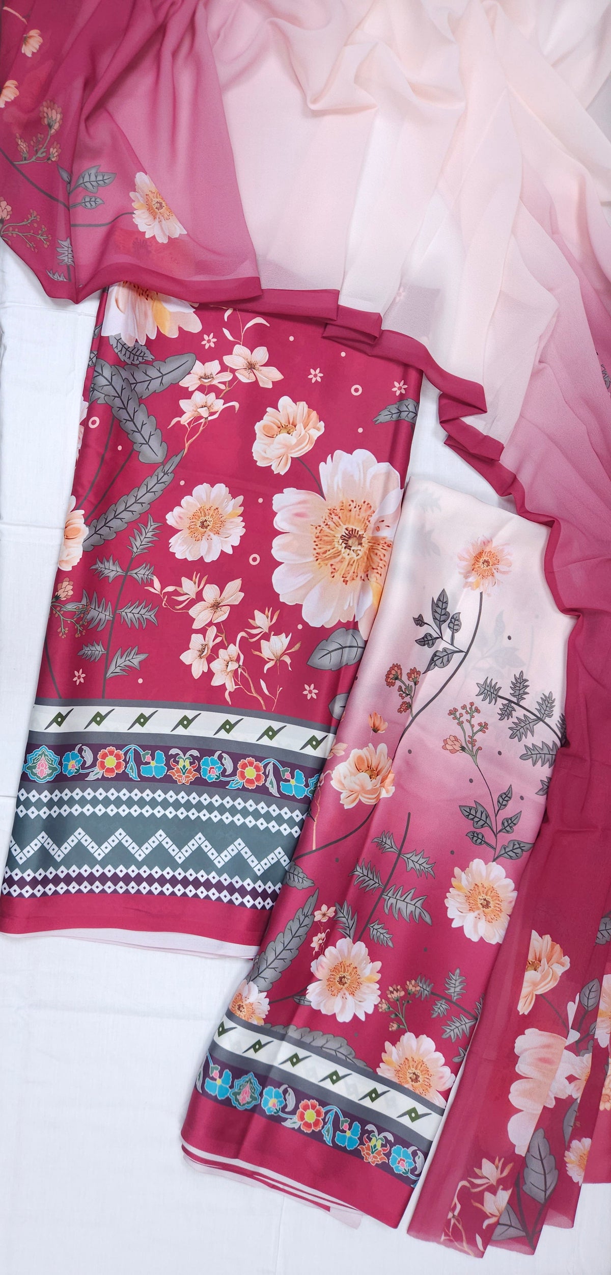 Pink Floral Armani Satin 3-Piece Farshi Salwar Suit with Digital Print Georgette Dupatta