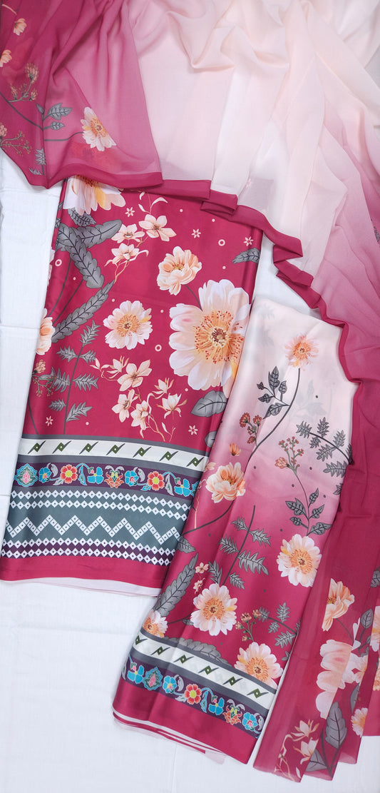Pink Floral Armani Satin 3-Piece Farshi Salwar Suit with Digital Print Georgette Dupatta