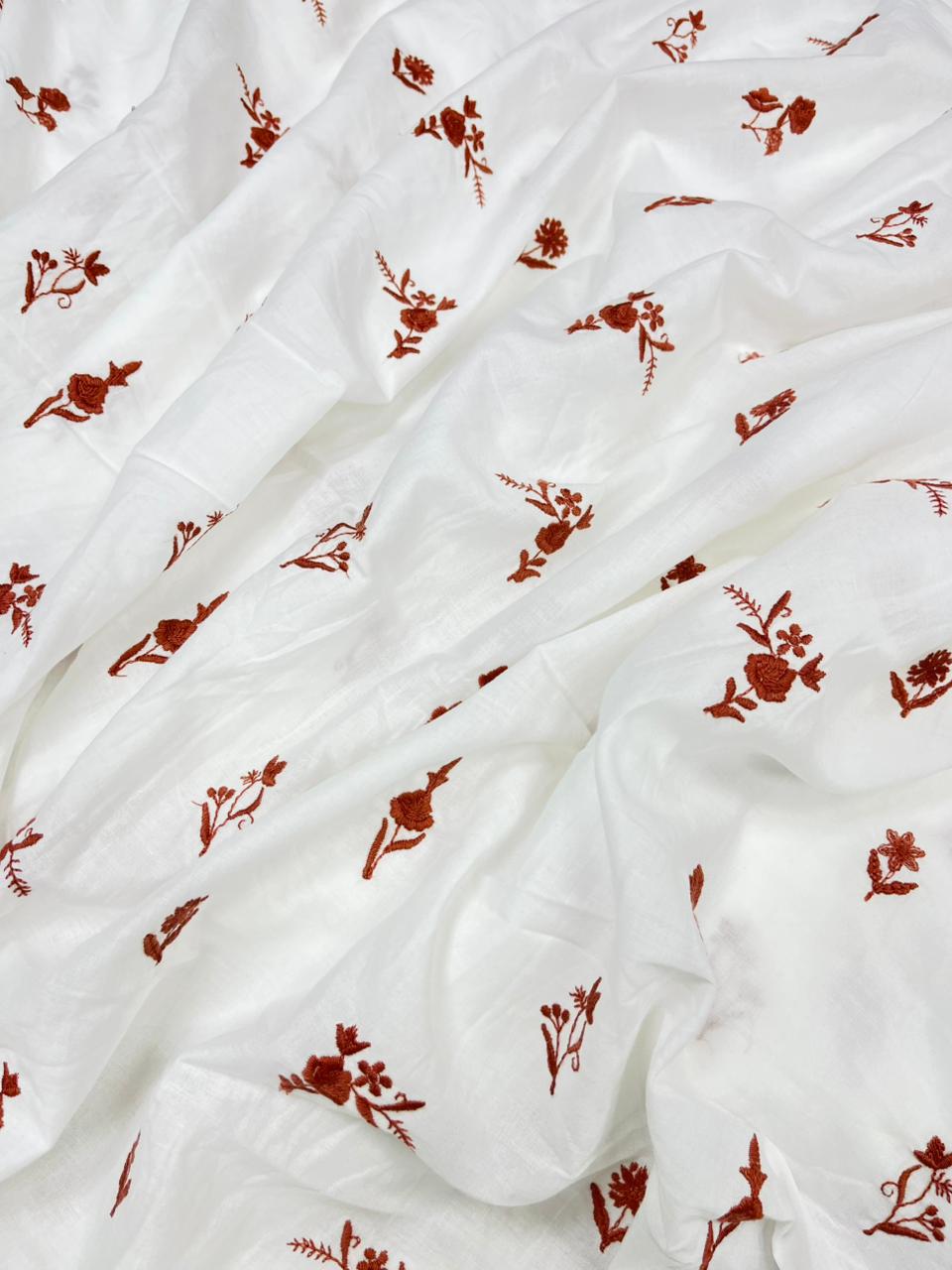 White Rust Floral Embroidered Cotton Fabric