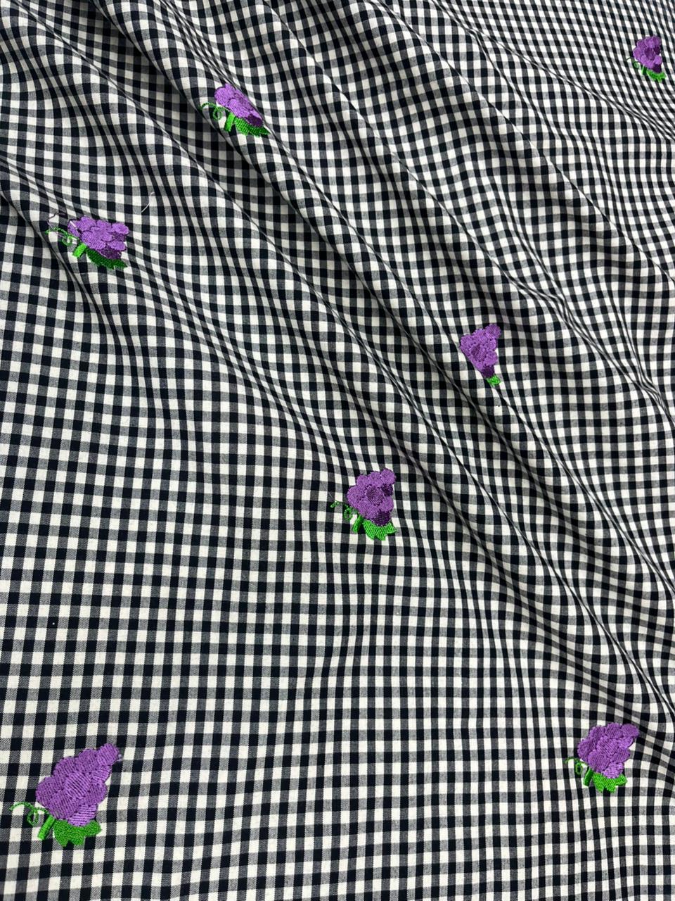 Premium Black Gingham Check Purple Floral Embroidered Cotton Fabric