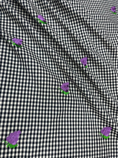 Premium Black Gingham Check Purple Floral Embroidered Cotton Fabric