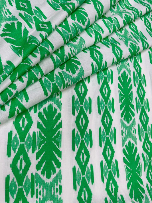 Green Ikat Print Pure Cotton Fabric