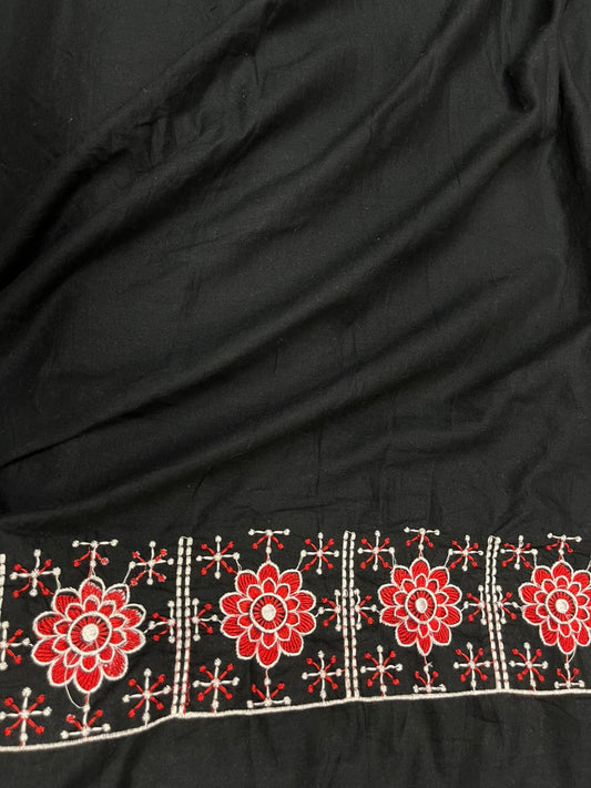 Black Red Floral Border Chicken Cotton Fabric