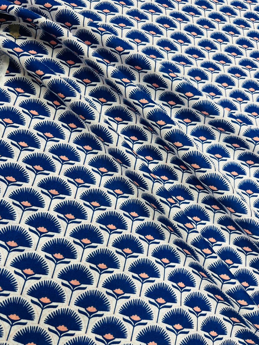 Blue Fan-Shaped Floral Pattern Cotton Poplin