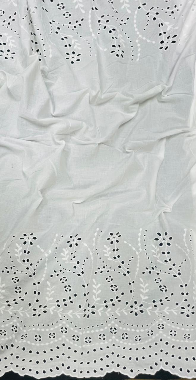 Pure White Floral Border Chicken Cotton Fabric