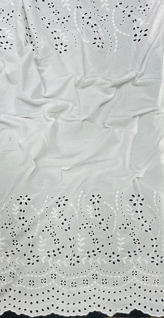 Pure White Floral Border Chicken Cotton Fabric