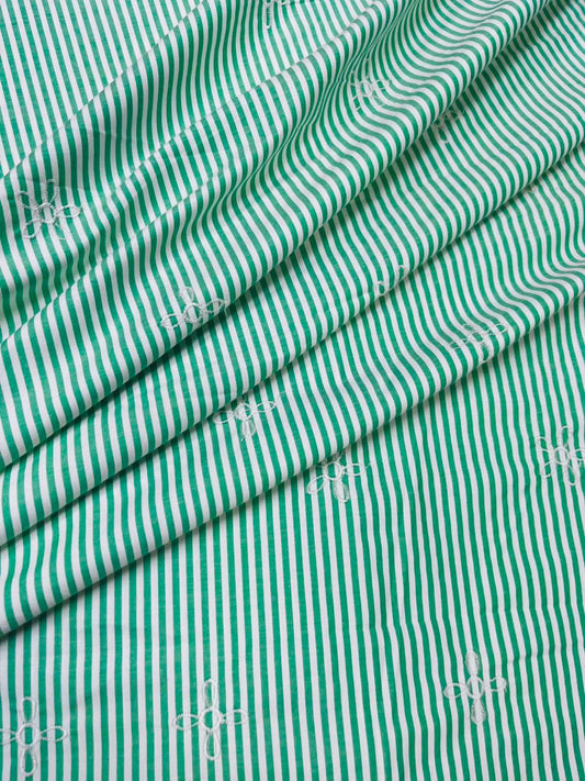 Green Stripe Embroidered Cotton Fabric