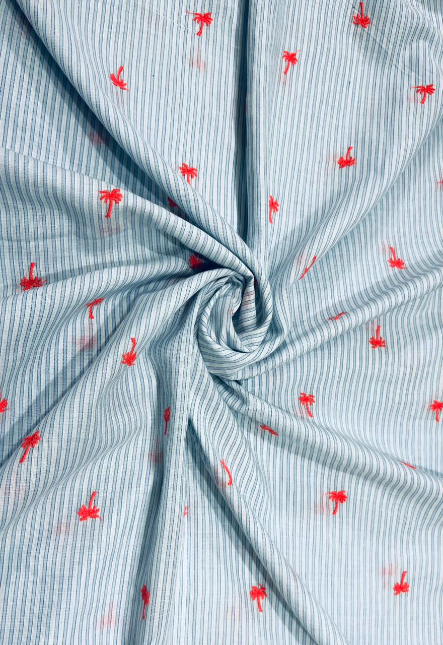 Sky Blue Stripe Embroidered Cotton Fabric