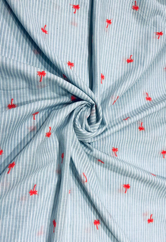 Sky Blue Stripe Embroidered Cotton Fabric