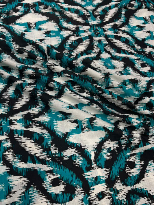 Teal And Black Abstract Ikat Print Cambric Cotton