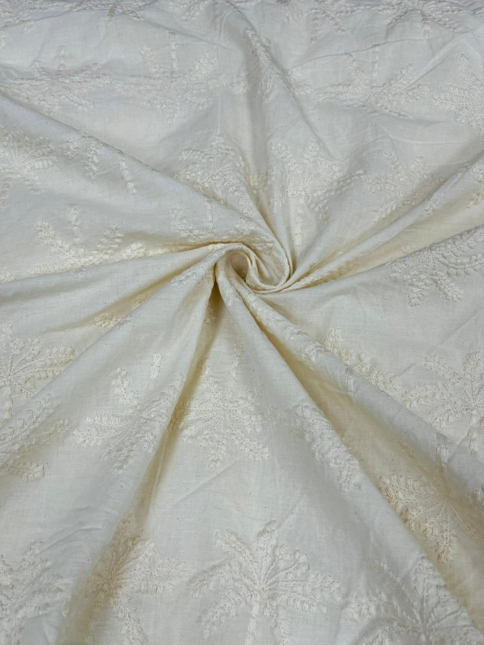 Ivory Floral Embroidered Cotton Fabric