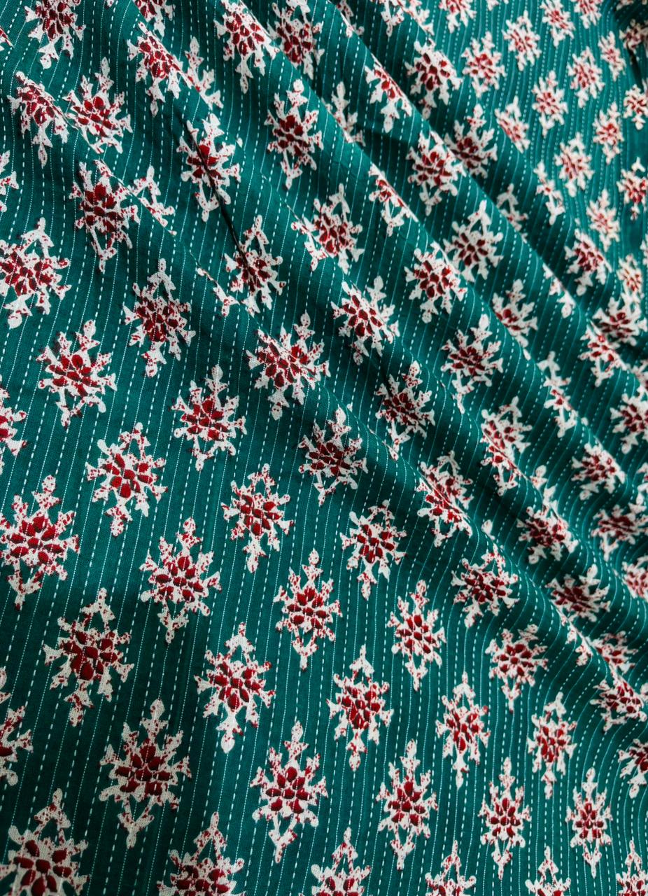 Froest Green Floral With Kantha Cambric Cotton