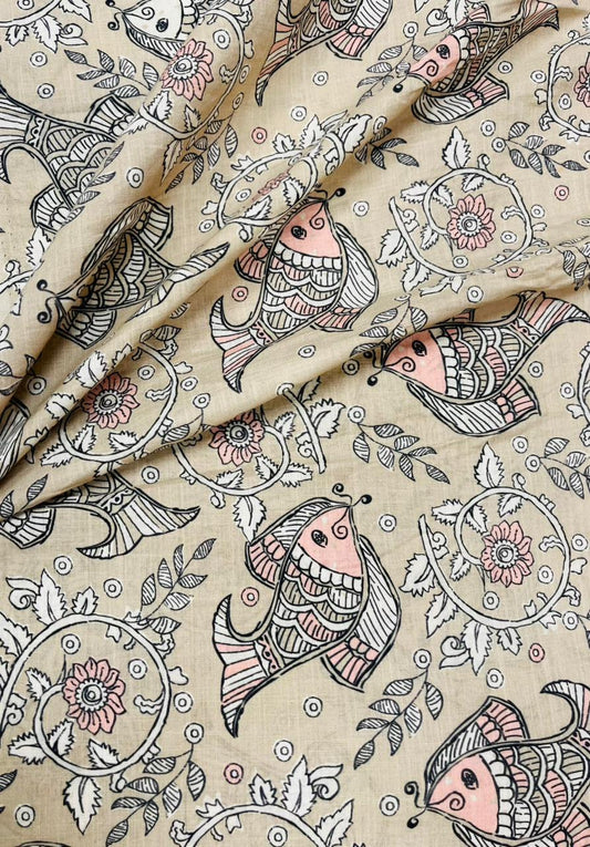 Beige Madhubani Fish Print Cambric Cotton