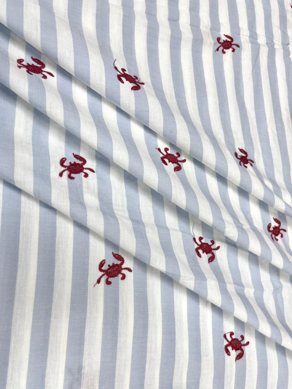 Blue Stripe Crab Embroidered Cotton Fabric