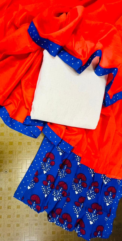 Orange Blue Printed Pure Cotton Suit Set with Dupatta
