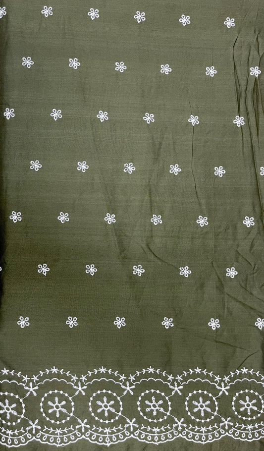 Olive Green Cotton Schiffli Border Embroidered Fabric