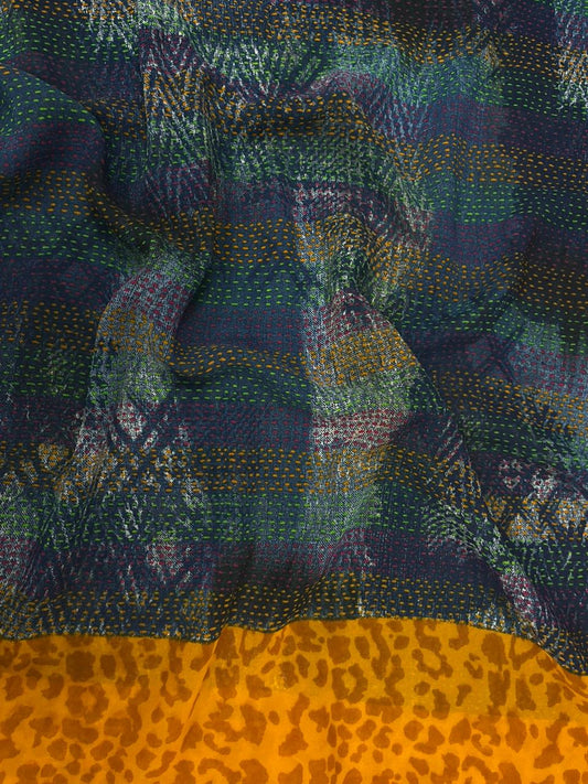 Teal Mustard Printed Poly Georgette Fabric