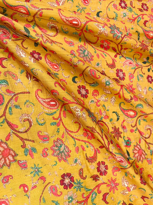 Mustard Floral Muslin Cotton Fabric