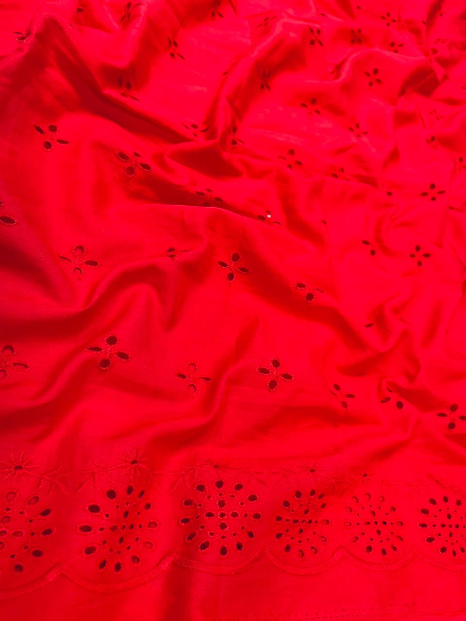 Red Self Embroidery Border Chicken Cotton Fabric