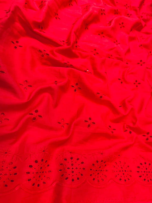 Red Self Embroidery Border Chicken Cotton Fabric