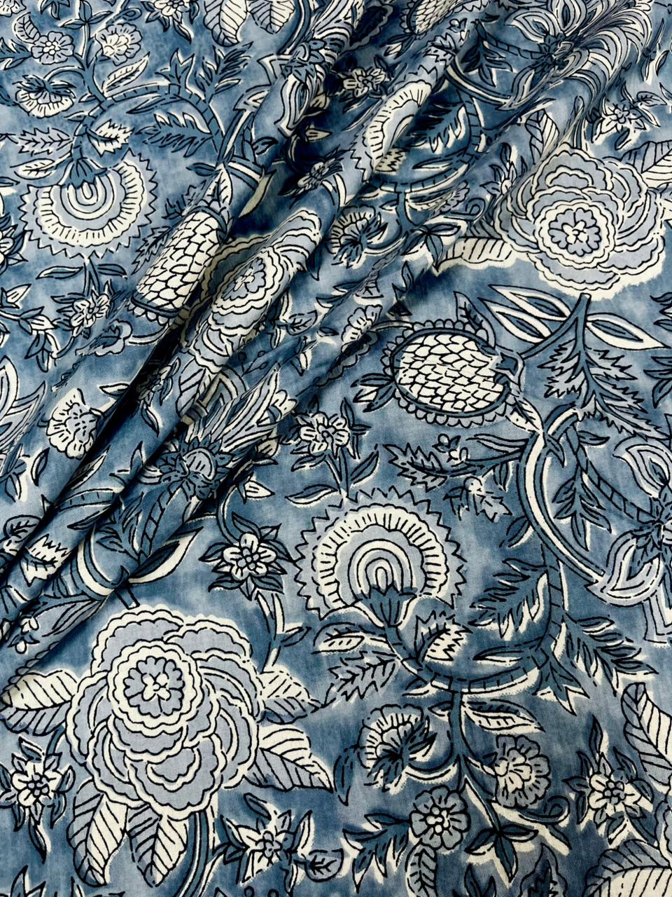 Dusty Blue Floral Print Cambric Cotton