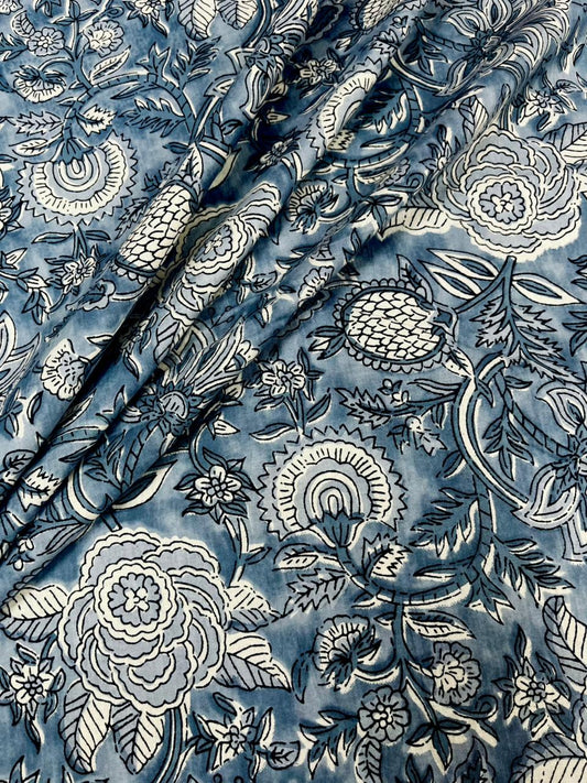 Dusty Blue Floral Print Cambric Cotton