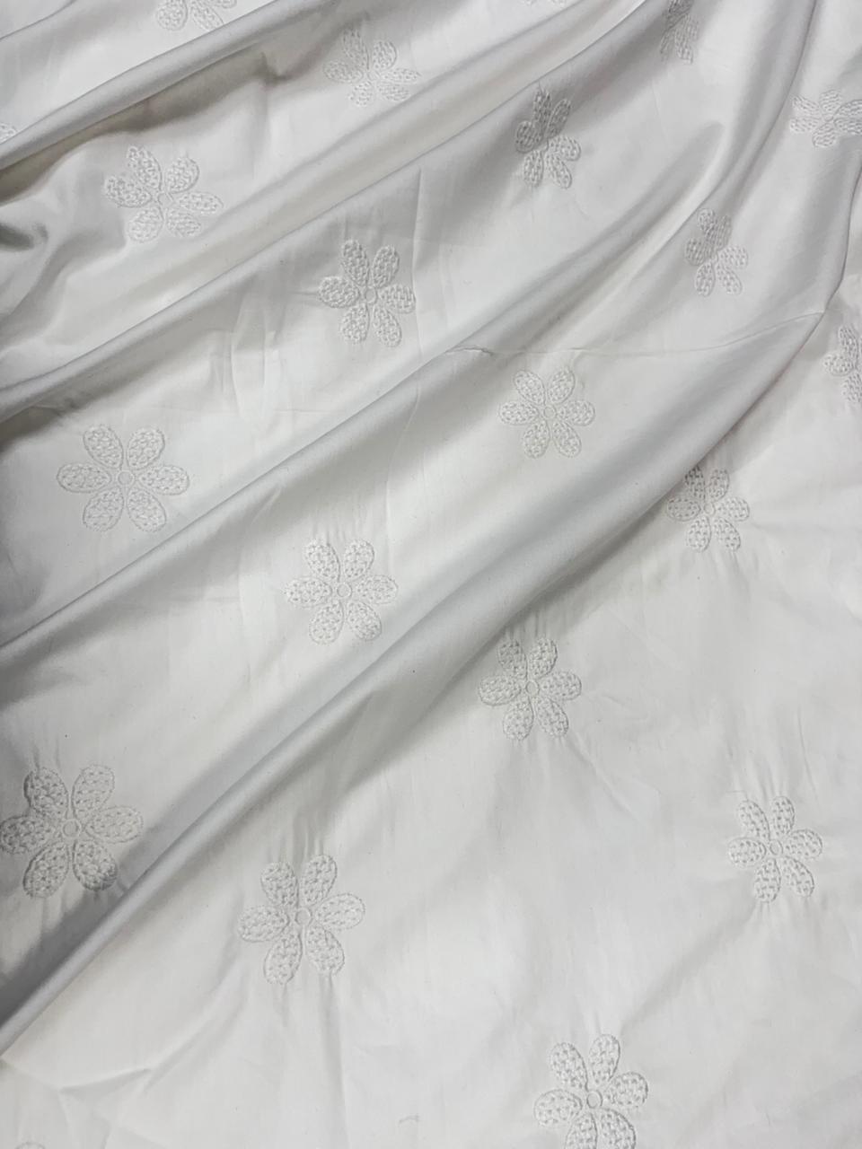White Floral Embroidered Poplin Cotton Fabric