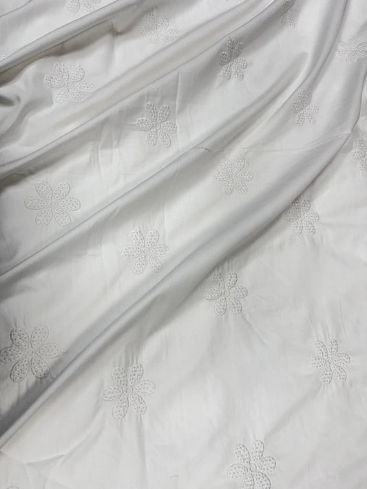 White Floral Embroidered Poplin Cotton Fabric