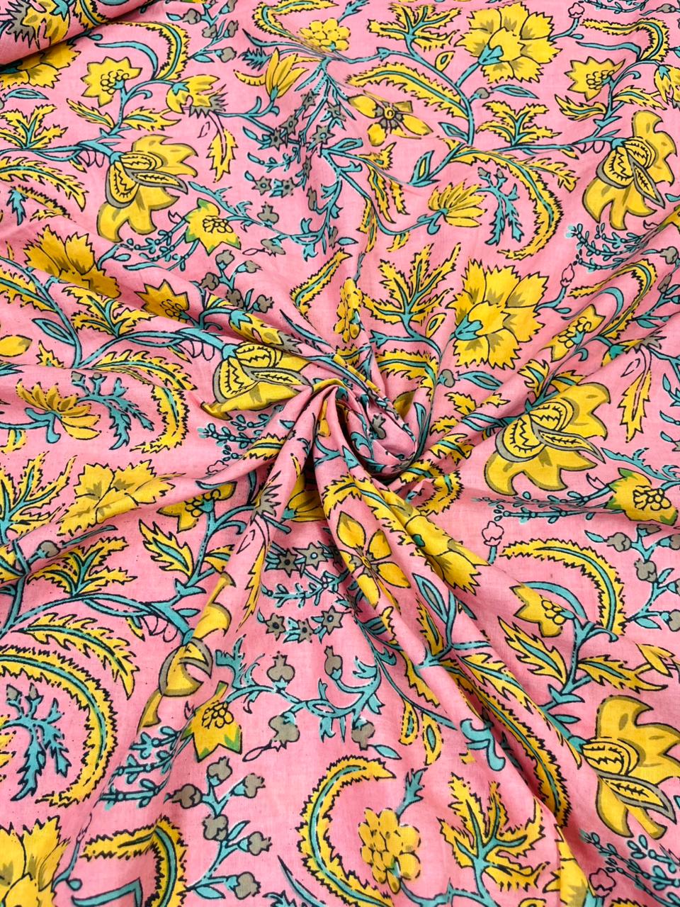 Pink And Yellow Floral Vine Print Cmabric Cotton