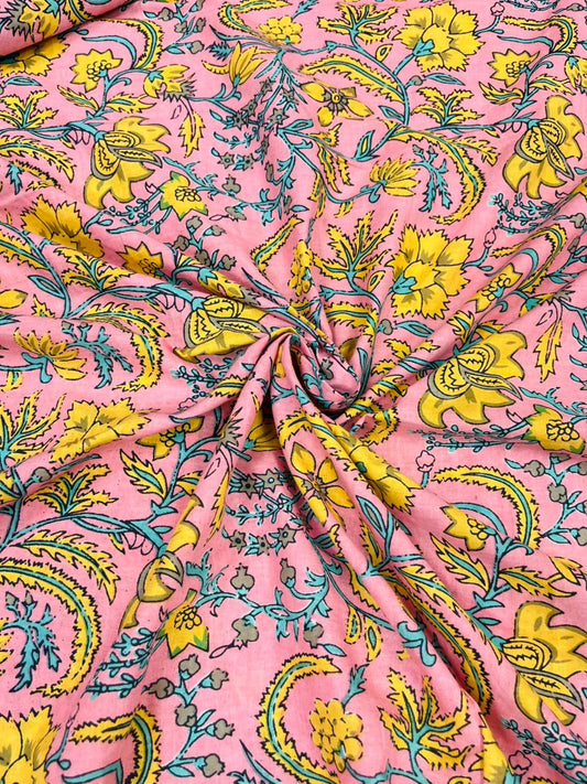 Pink And Yellow Floral Vine Print Cmabric Cotton