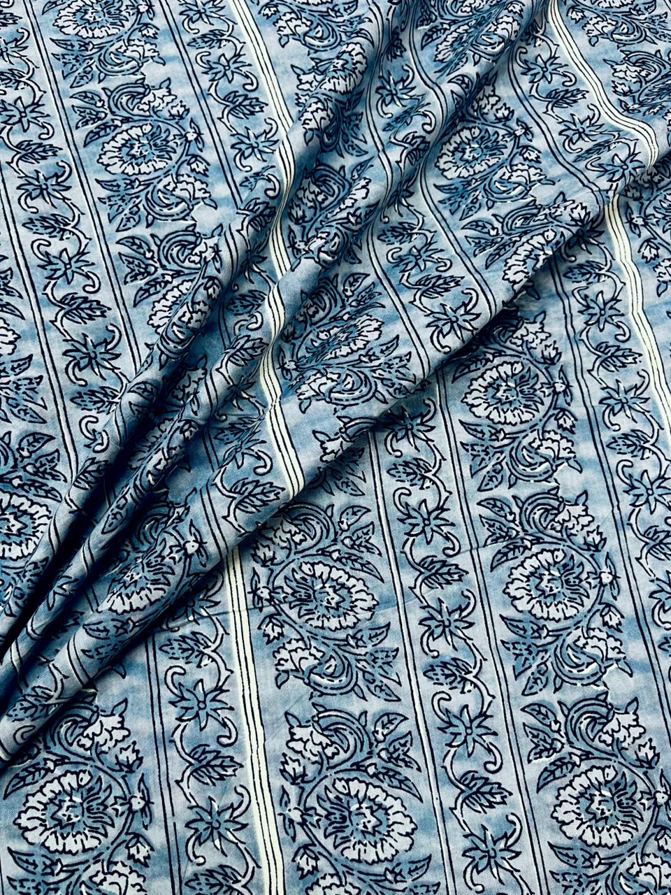 Dusty Blue Floral Strip Print Cambric Cotton