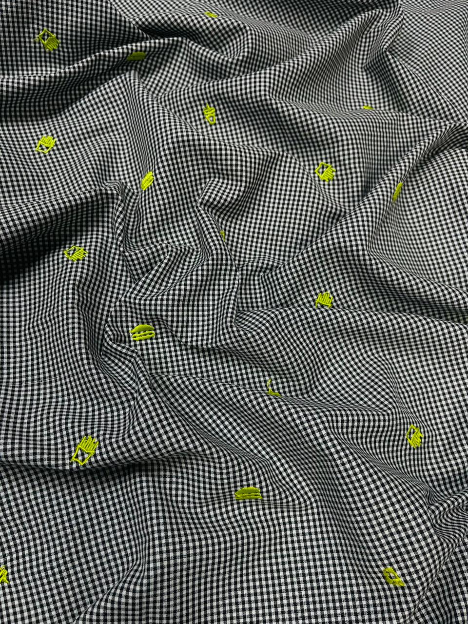 Black Gingham Embroidered Cotton Fabric