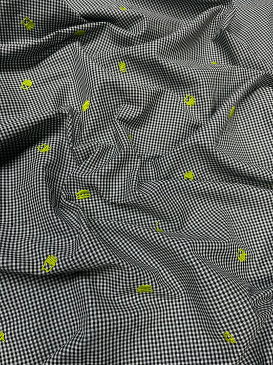 Black Gingham Embroidered Cotton Fabric