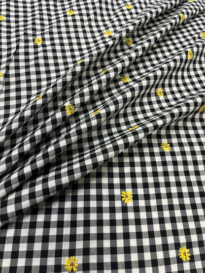 Black Check Embroidered Cotton Fabric