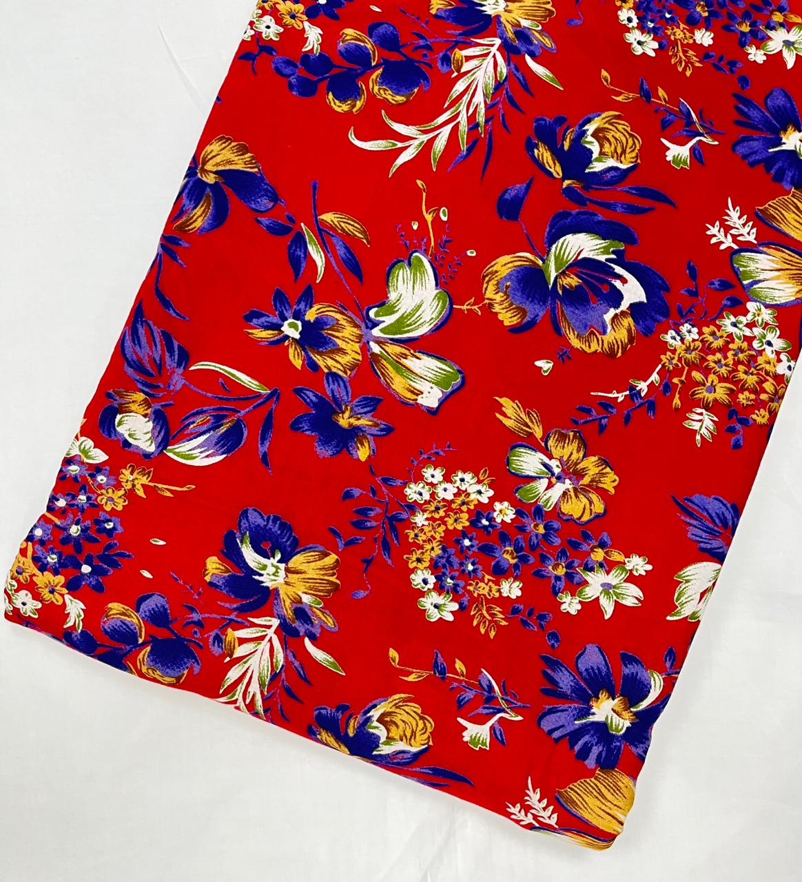 Bright Red Flower Print Cotton Fabric